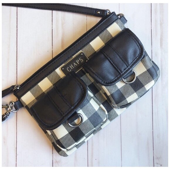 CHAPS Black & Cream Buffalo Plaid Convertible Clutch Shoulder Handbag Crossbody - Picture 1 of 8